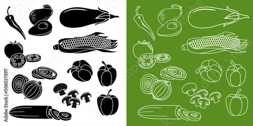 Collection de pictogrammes noirs ou aux contours blancs de divers légumes : piment, avocat, aubergine, tomate, maïs, oignon, poivrons, champignons, concombre.
