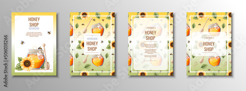 Honey products flyer set. Honey shop, honey bank, honeycombs. Template, cover, poster in a4 size for business