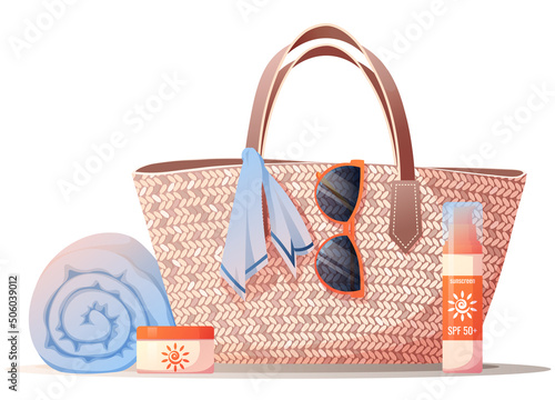 Straw bag, towel, sunscreen, sunglasses. Beach equipment for relaxing on the beach. Summertime illustration.