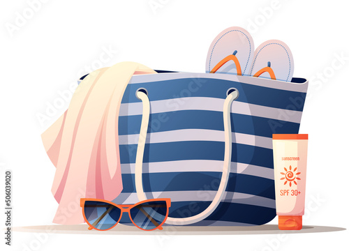 Beach bag, towel, slippers, sunscreen, sunglasses. Beach equipment for relaxing on the beach. summer illustration.