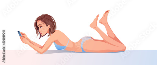Woman sunbathing in a swimsuit on the beach. Vacation on the beach. Summer cartoon illustration.