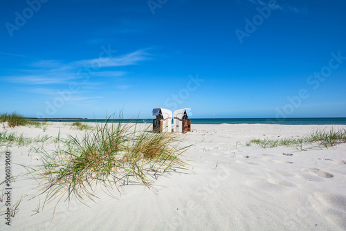 weiß-braune Strandkörbe am Strand in Prerow, Fischland-Darß