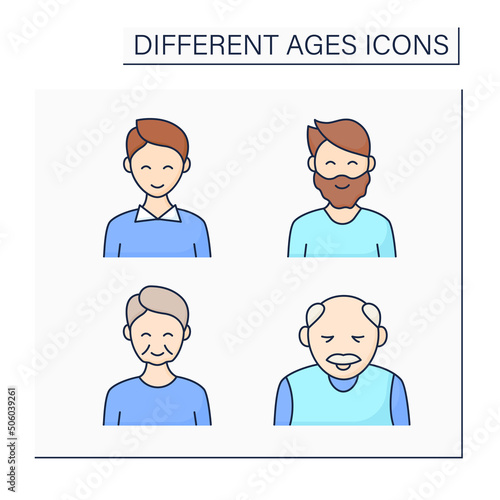 Different ages color icons set. Generations. Newborn, teenagers, adulthood and retirement of male life. Life cycle concept. Isolated vector illustrations