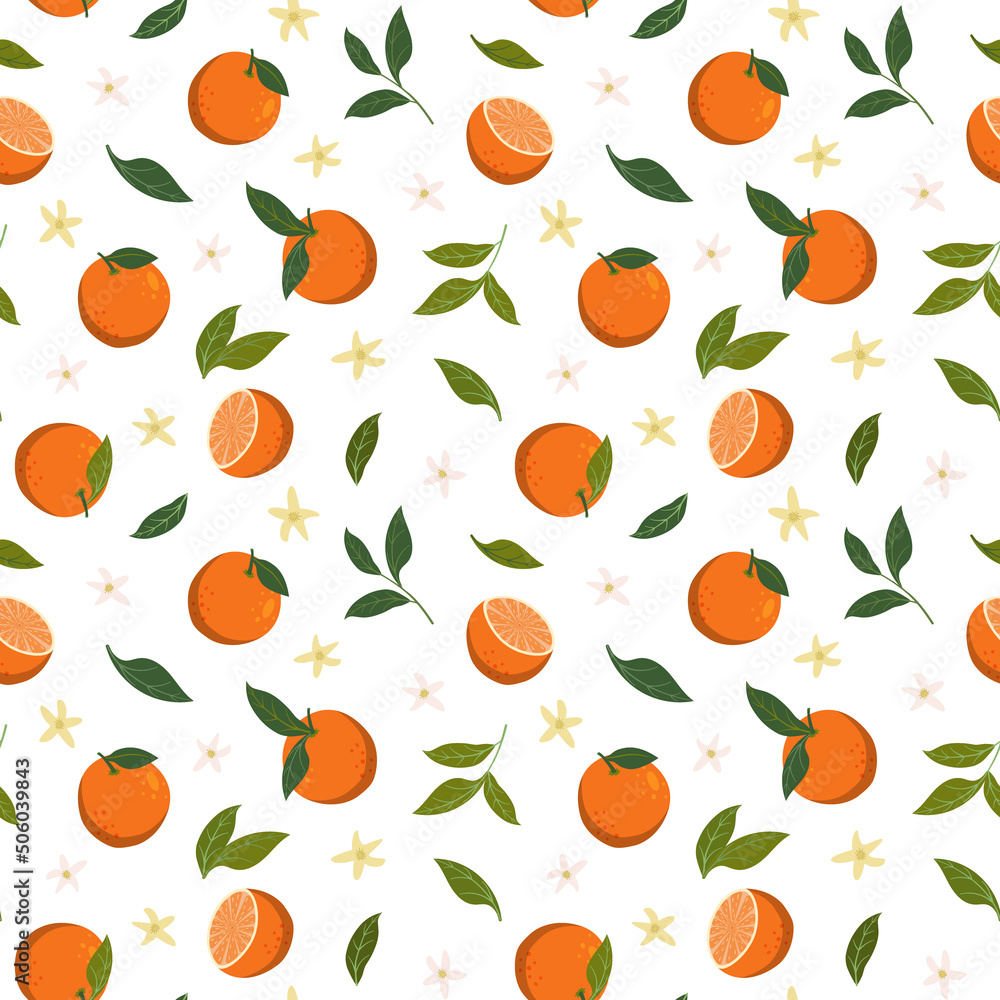 Tropical oranges with green leaves and flowers seamless pattern. Isolated on white background. Vector summer design with fruits for wallpapers, textiles Tropical oranges with green leaves and flowers seamless pattern. Isolated on white background. Vector summer design with fruits for wallpapers, textiles