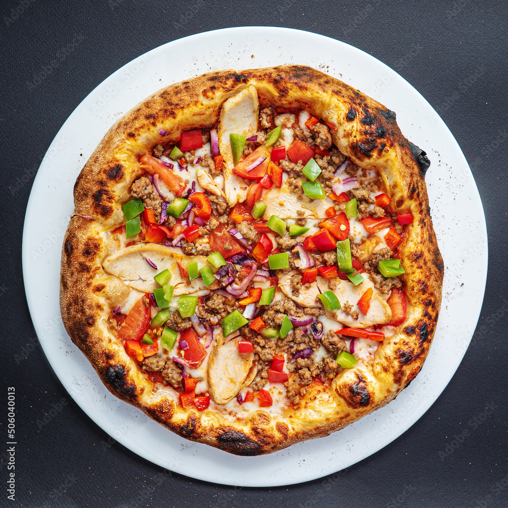 pizza on the black background, top view pizza on the black background, top view