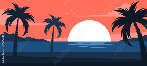 Summer tropical beach. Sunset on the sea or ocean. The concept of summer  vacation or travel. Vector illustration
