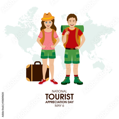 National Tourist Appreciation Day vector. Happy man and woman travelers icon vector. Young couple traveling together cartoon. Tourist Day on May 06. Important day
