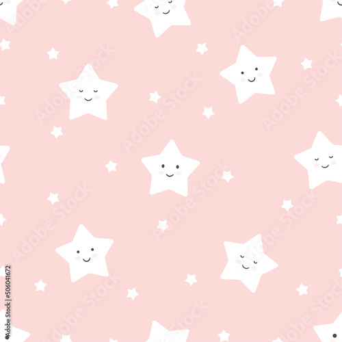 Vector seamless pattern of funny and cute little stars on a pastel pink color background.