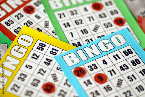 Fotografie Many colorful bingo boards or playing cards for winning chips