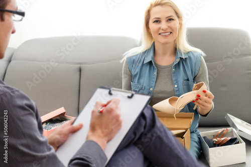 Photo of concentrated man psychotherapist. Business lady complaining need professional help
