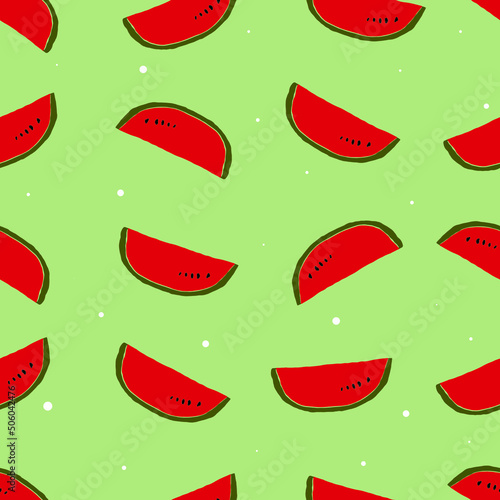 Slice watermelon isolate hand drawing with a pink background.  A great summer fruit. Vector illustrator 