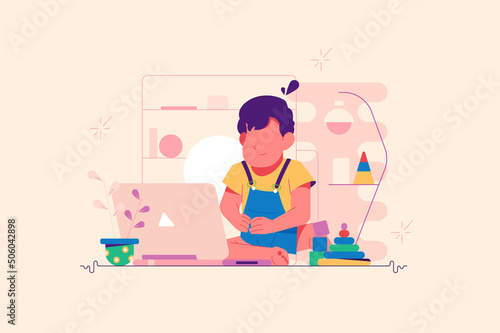 Small kid watching cartoons on modern laptop