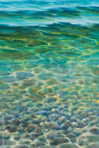 Blue lagoon water ripples with stones underwater watercolor background