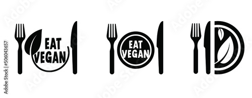 Eat organic vegan with leaves, Bio, eco icon or symbol. lactose free, vegan, no meat, healthy, fresh food. Green logo. Vegetarian healthy food. Nature, ecology. veganism slogan or quote. Go vegan.