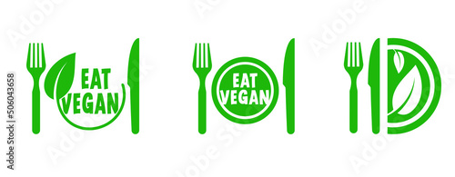 Eat organic vegan with leaves, Bio, eco icon or symbol. lactose free, vegan, no meat, healthy, fresh food. Green logo. Vegetarian healthy food. Nature, ecology. veganism slogan or quote. Go vegan.
