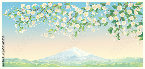 Mountain landscape, with a flowering branch of a fruit tree in the foreground. Vector illustration.