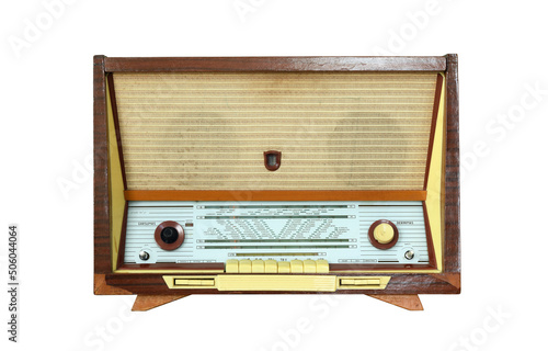 Vintage Radiola (radio) isolated on white background. Latvian Soviet Vintage Radiola (radio) produced from 1965 to 1968