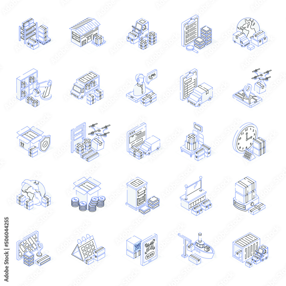 Isometric Outline Icons of Logistic Services Isometric Outline Icons of Logistic Services