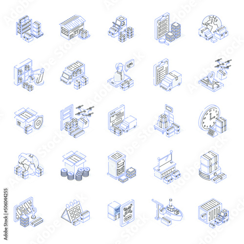 Isometric Outline Icons of Logistic Services