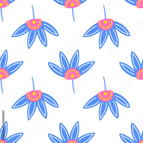 Flowers and leaf seamless pattern. Scandinavian style background. Vector illustration for fabric design, gift paper, baby clothes, textiles, cards.