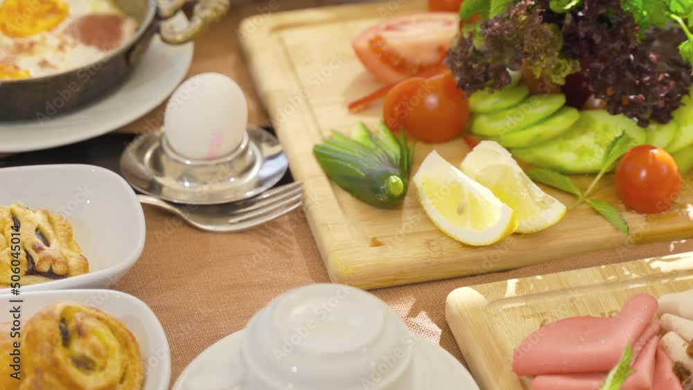 Rich breakfast table.
Breakfast table with all its varieties.
Rich breakfast table.
Breakfast table with all its varieties.