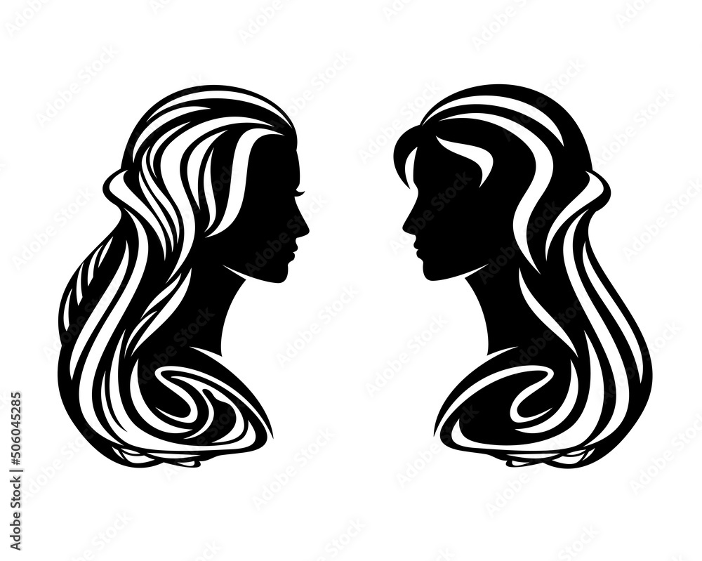 black and white vector silhouette portrait of beautiful woman head with long gorgeous hair wave falling down
