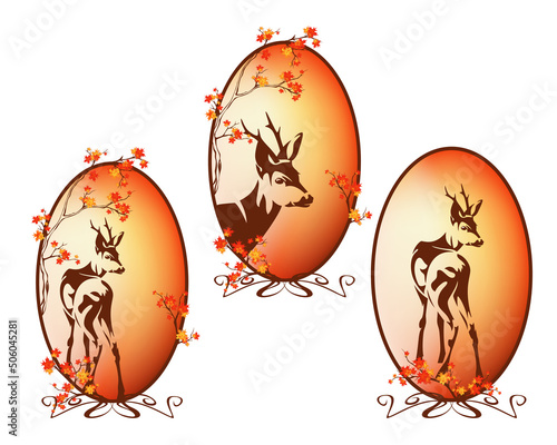 autumn season decorative oval vector frame with wild roe deer stag among falling leaves and tree branches