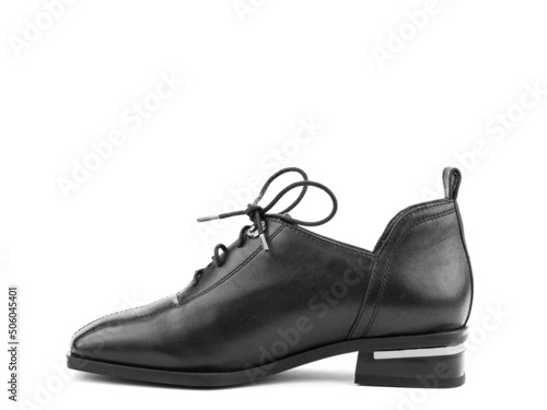 Women's autumn leather jodhpur boots with laces and average heels, isolated white background. Left side view. Fashion shoes. Photoshoot for shoe shop