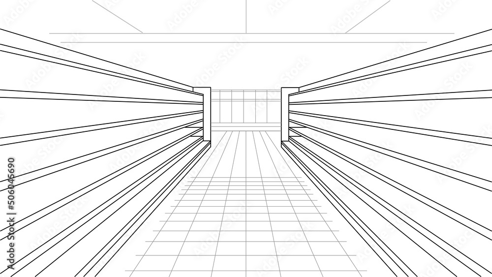 Supermarket interior. Empty shelves. Retail industry. Black white
