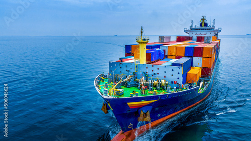 Aerial side view of cargo ship carrying container and running for export goods from cargo yard port to custom ocean concept technology transportation , customs clearance.