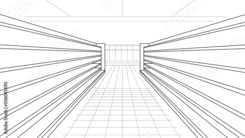 Supermarket interior. Empty shelves. Retail industry. Black white graphic vector line illustration. Inflation concept. Grocery store. Global food crisis. Shopping. Banner. Rack. Sketch drawing. Aisle.