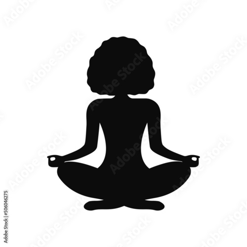Black silhouette of African American woman in a pose for meditation. Meditation and yoga in the lotus position. Vector illustration isolated on white background