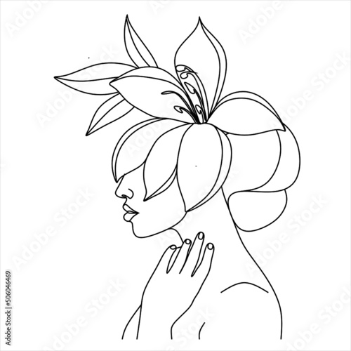 Abstract face with flowers by one line vector drawing. Portrait minimalistic style. Botanical print. Nature symbol of cosmetics. Modern continuous line art. Fashion print. Beaty salon logo.