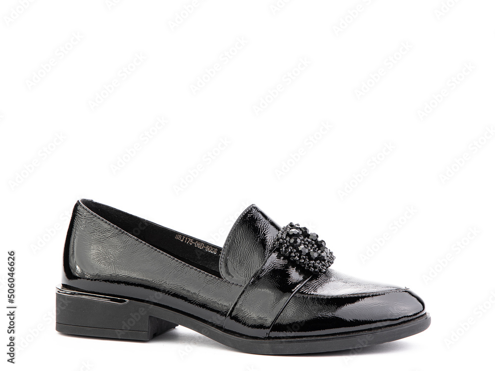 Vintage Women's Loafer Shoes. Closeup. Advertising shot. Leather shoes. Concept closeup shoes. Isolated object close up on white background.