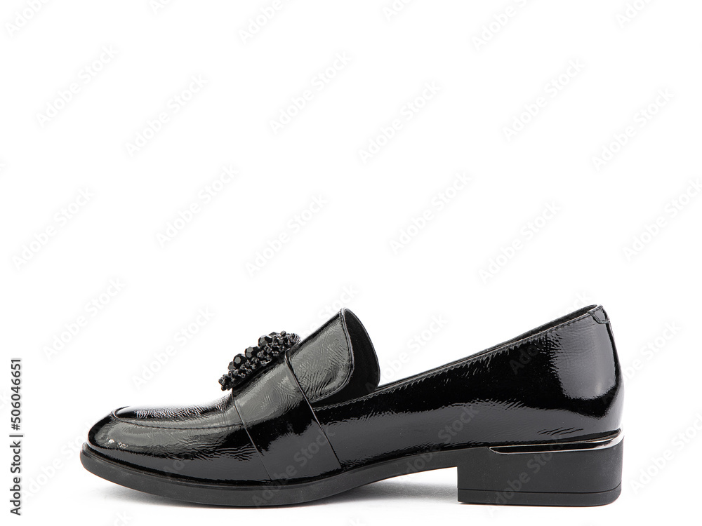 Vintage Women's Loafer Shoes. Closeup. Advertising shot. Leather shoes. Concept closeup shoes. Isolated object close up on white background.