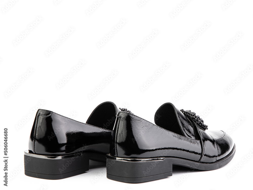 Vintage Women's Loafer Shoes. Closeup. Advertising shot. Leather shoes. Concept closeup shoes. Isolated object close up on white background. Back