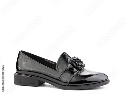 Obraz na płótnie Vintage Women's Loafer Shoes. Closeup. Advertising shot. Leather shoes. Concept closeup shoes. Isolated object close up on white background. w salonie