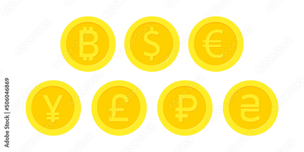 Set of simple gold coins with signs and symbols of different currencies. Decorative element, yellow currency coin, cryptocurrency, finance and investment. Vector isolated money illustrations Set of simple gold coins with signs and symbols of different currencies. Decorative element, yellow currency coin, cryptocurrency, finance and investment. Vector isolated money illustrations
