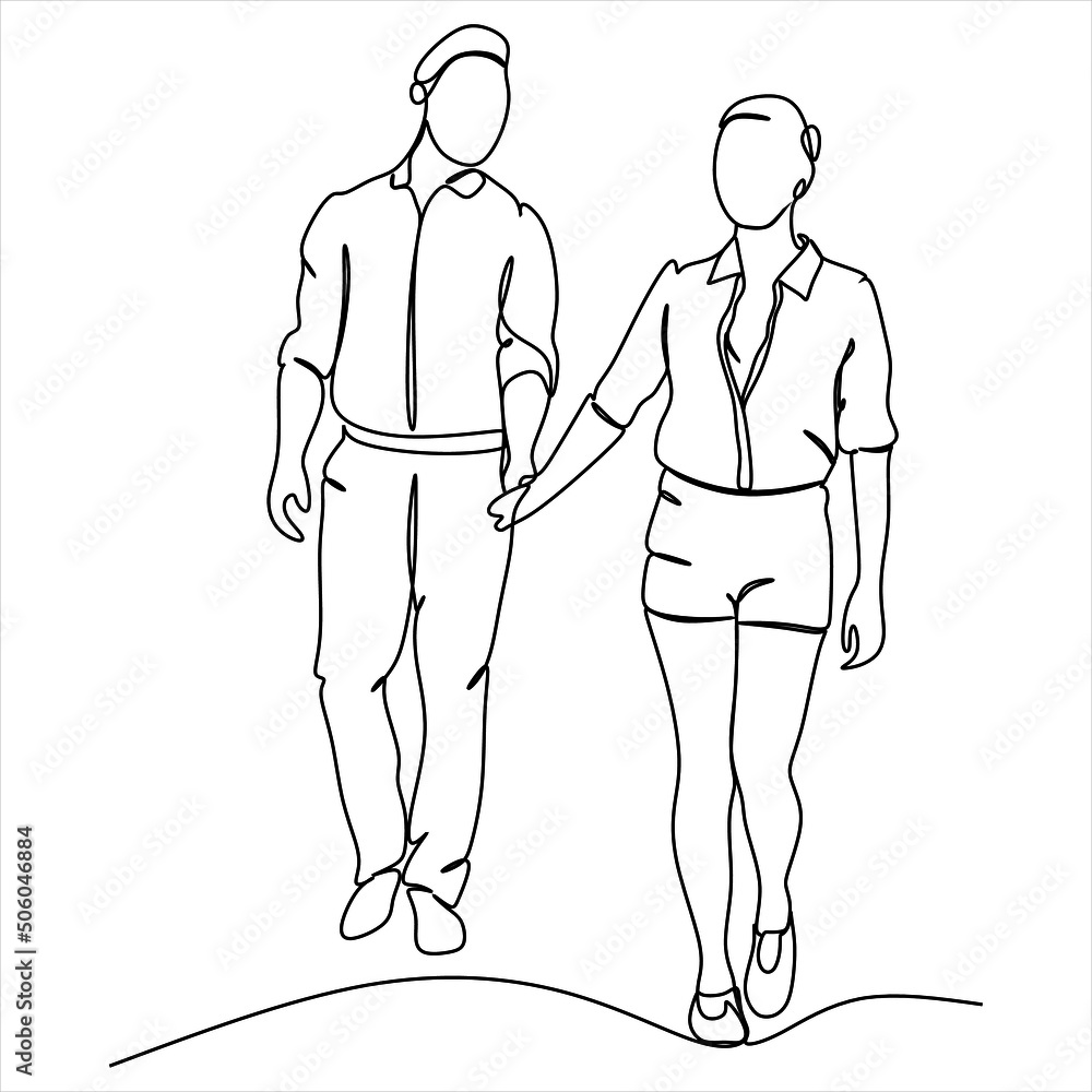 continuous line drawing of a young couple walking together continuous line drawing of a young couple walking together