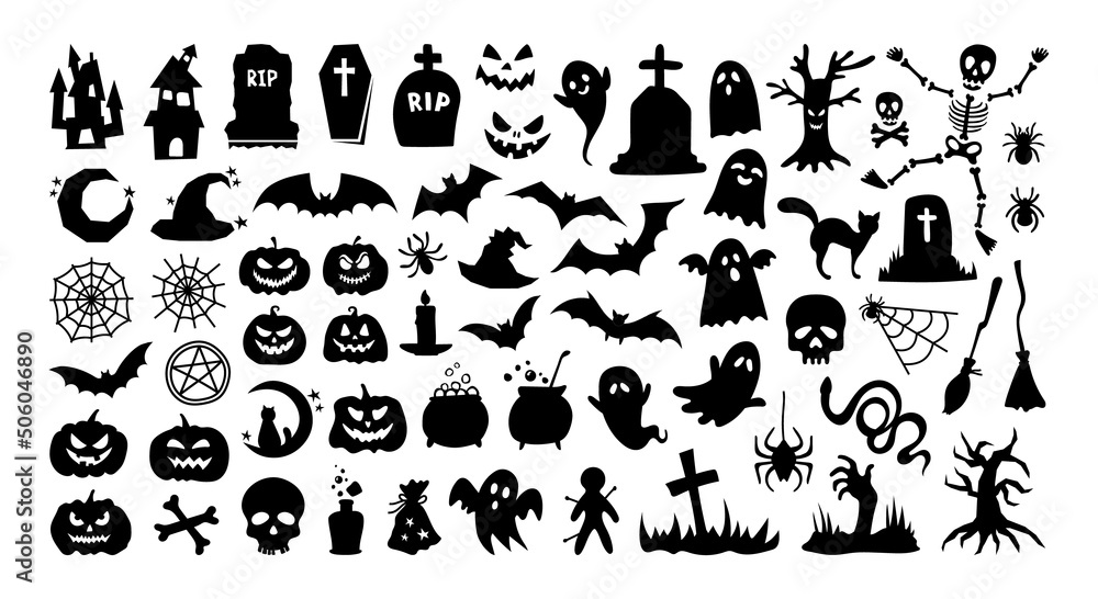 Big set of Halloween silhouettes icon and character. Collection of black silhouettes of Halloween isolated on white background. Vector illustrations - pumpkins, ghosts and magic decorative elements. Big set of Halloween silhouettes icon and character. Collection of black silhouettes of Halloween isolated on white background. Vector illustrations - pumpkins, ghosts and magic decorative elements.
