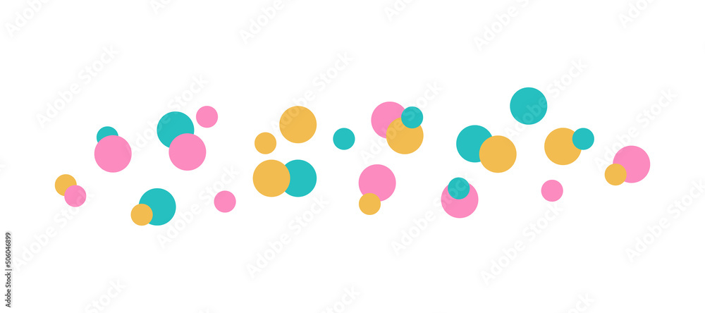 Cute confetti pattern line. Decorative element for different holidays. Circles border line - to decorate cards, postcards, invitations. Festive design decor color illustration.
