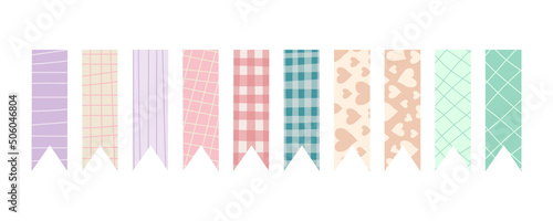 Colorful patterned washi tape strips, cute decorative scotch tapes, pastel bookmarks. Set of decorative patterned pieces of adhesive tape. Scrapbooking element for creating stylish digital collages.