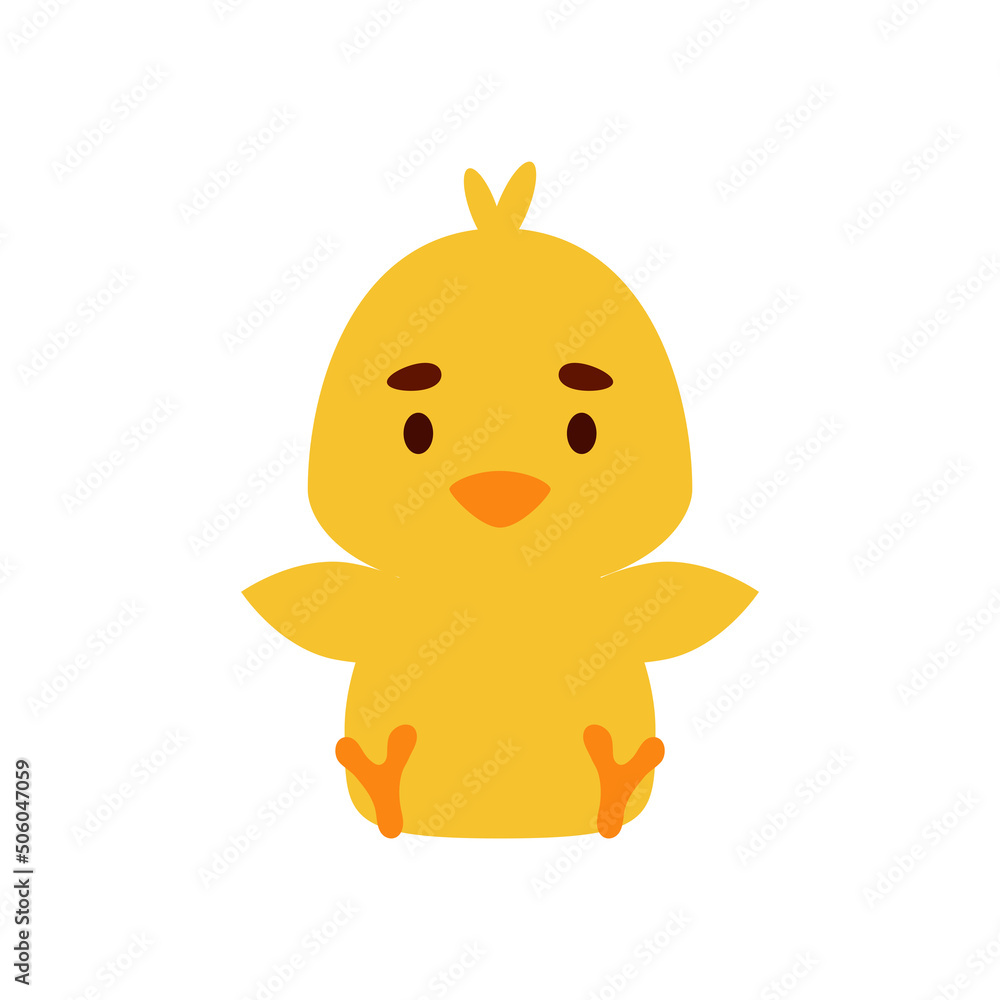 Obraz premium Cute little sitting chicken. Cartoon animal character design for kids t-shirts, nursery decoration, baby shower, greeting cards, invitations, bookmark, house interior. Vector stock illustration