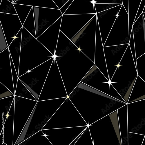Celestial seamless pattern. Black starry sky, geometric lines. Stylish modern celestial print with stars for fabric and textile, astrological background. Abstract constellations in dark night sky.