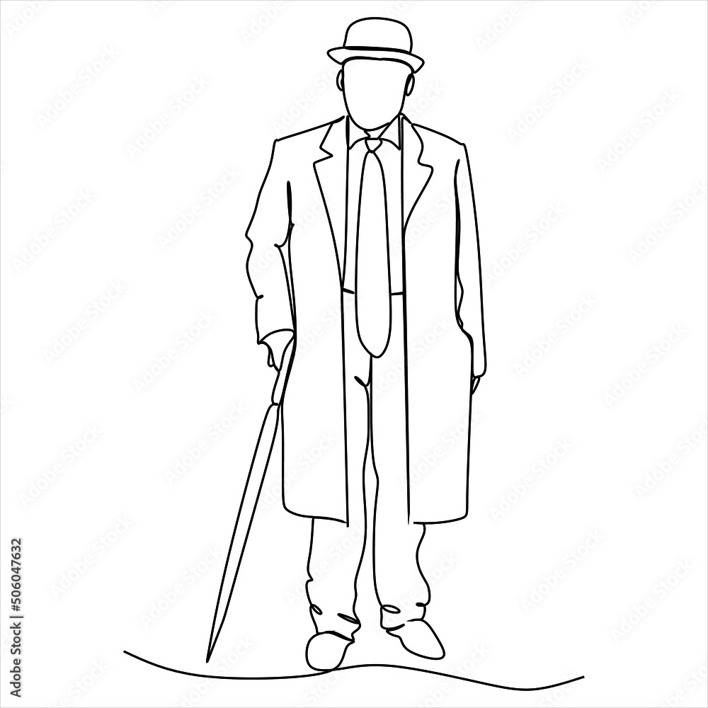 Elderly man in the style of continuous art of drawing. Minimalistic black linear sketch isolated on white background. Vector illustration Elderly man in the style of continuous art of drawing. Minimalistic black linear sketch isolated on white background. Vector illustration