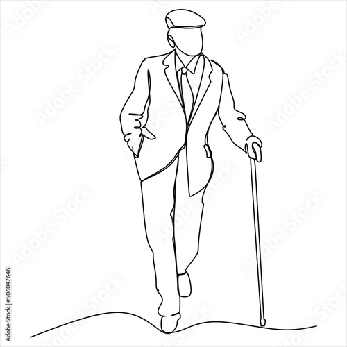 Elderly man in the style of continuous art of drawing. Minimalistic black linear sketch isolated on white background. Vector illustration