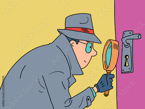 Detectives Magnifying glass peeping through the keyhole of the door. a private detective, a man in a coat, hat and glasses