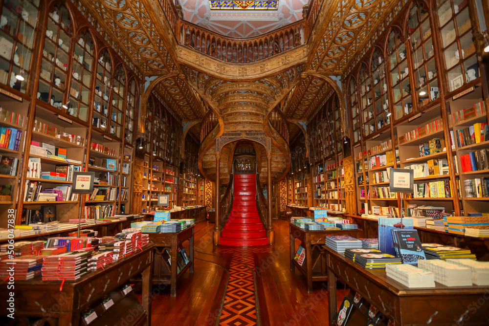 Naklejka premium Livraria Lello e Irmão is considered one of the most beautiful bookstores in the world, being the two most visited spaces in the city of Porto, in Portugal.