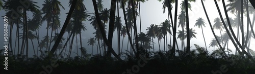 Palm silhouettes  Fairy forest in the rays of the setting sun  3d rendering