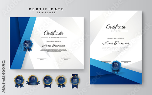 Modern blue and white certificate of achievement template with gold badge and border